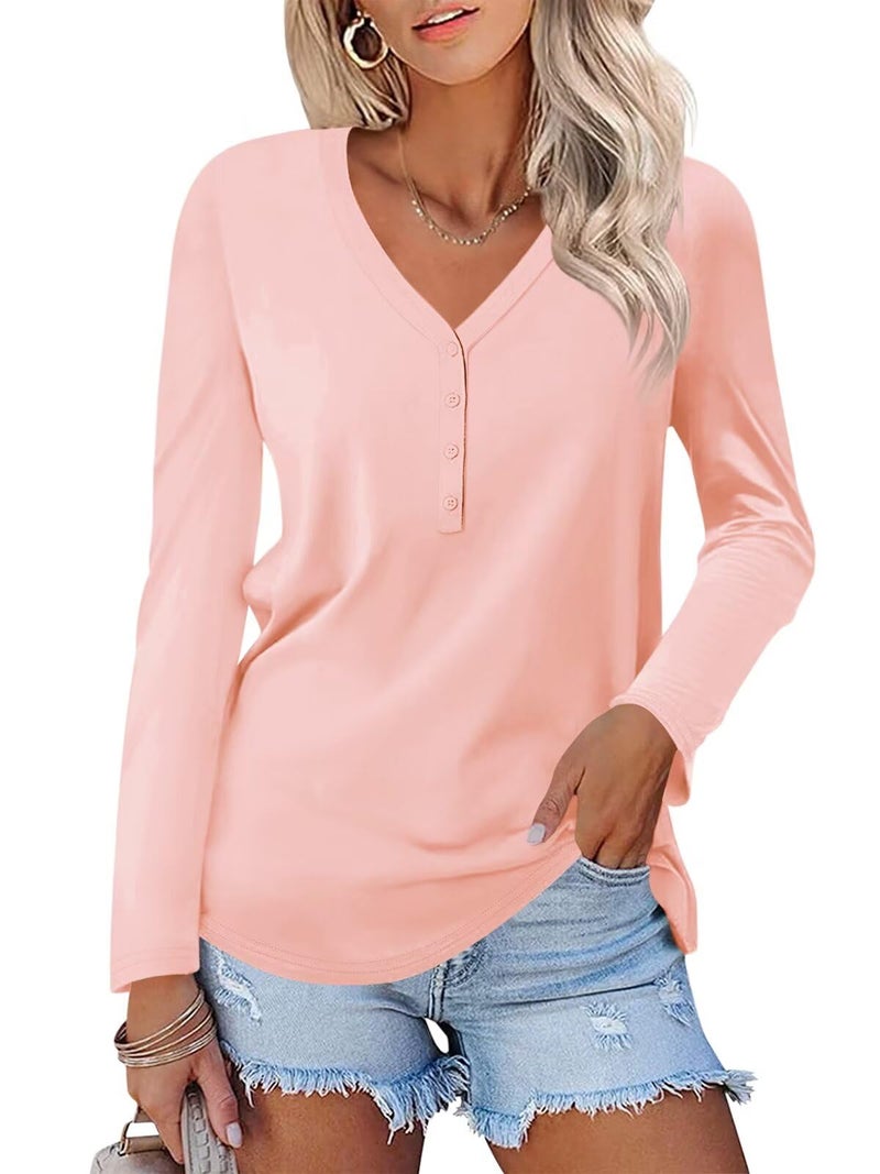 Minetom Women's Long Sleeve V Neck T Shirts Henley Tops Casual Shirts Blouses Pink - Image 1