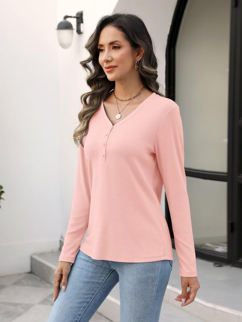 Minetom Women's Long Sleeve V Neck T Shirts Henley Tops Casual Shirts Blouses Pink - Image 3