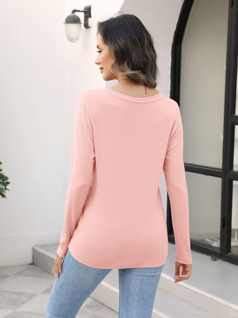 Minetom Women's Long Sleeve V Neck T Shirts Henley Tops Casual Shirts Blouses Pink - Image 4