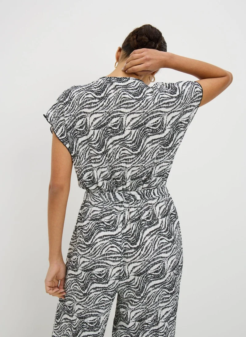 Matalan Black Print Plisse Belted Jumpsuit