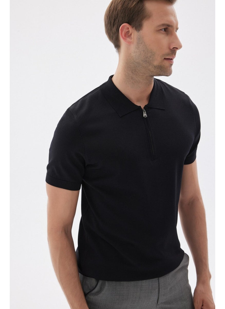 Odelon - Limited Men's Plain Zippered Polo Neck Rayon Knitwear T-Shirt Black - Image 1