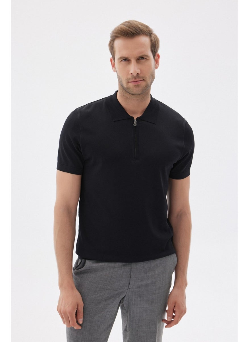 Odelon - Limited Men's Plain Zippered Polo Neck Rayon Knitwear T-Shirt Black - Image 1