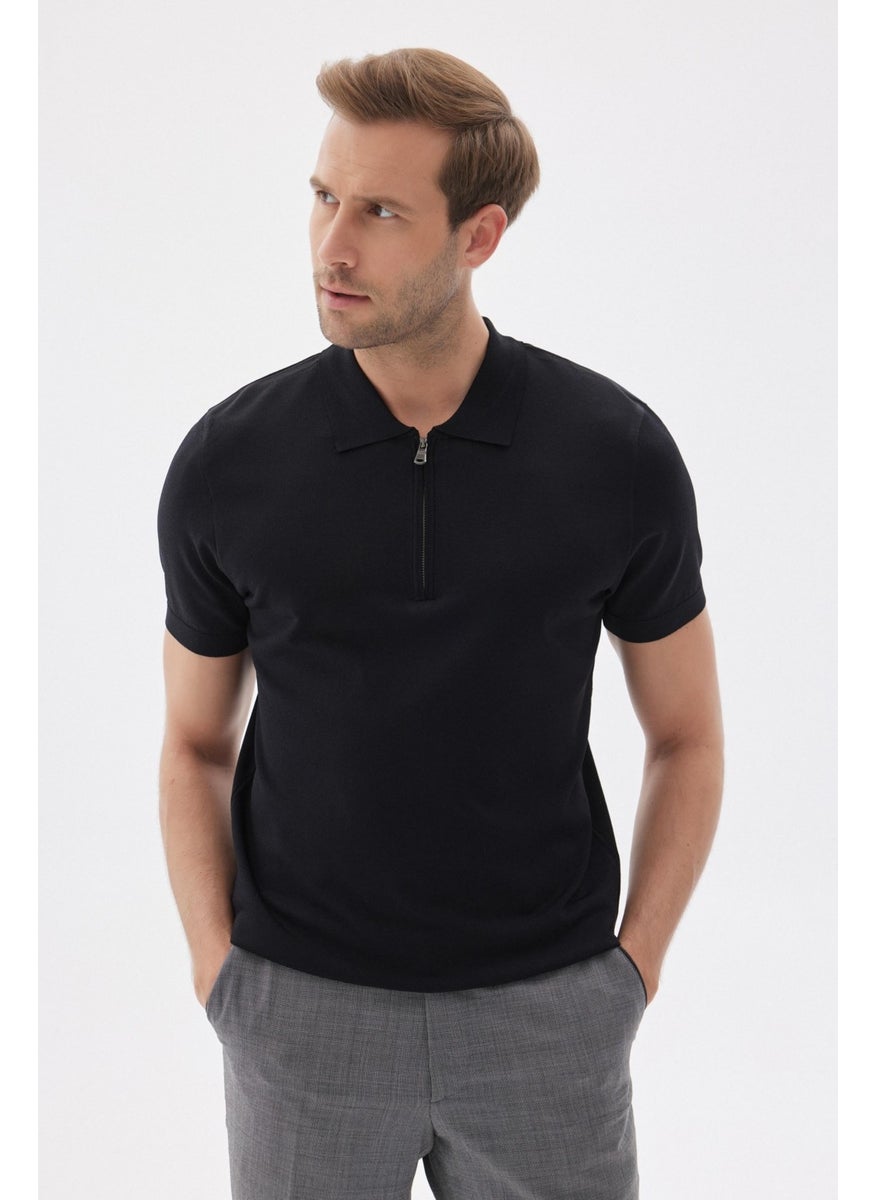 Odelon - Limited Men's Plain Zippered Polo Neck Rayon Knitwear T-Shirt Black - Image 1