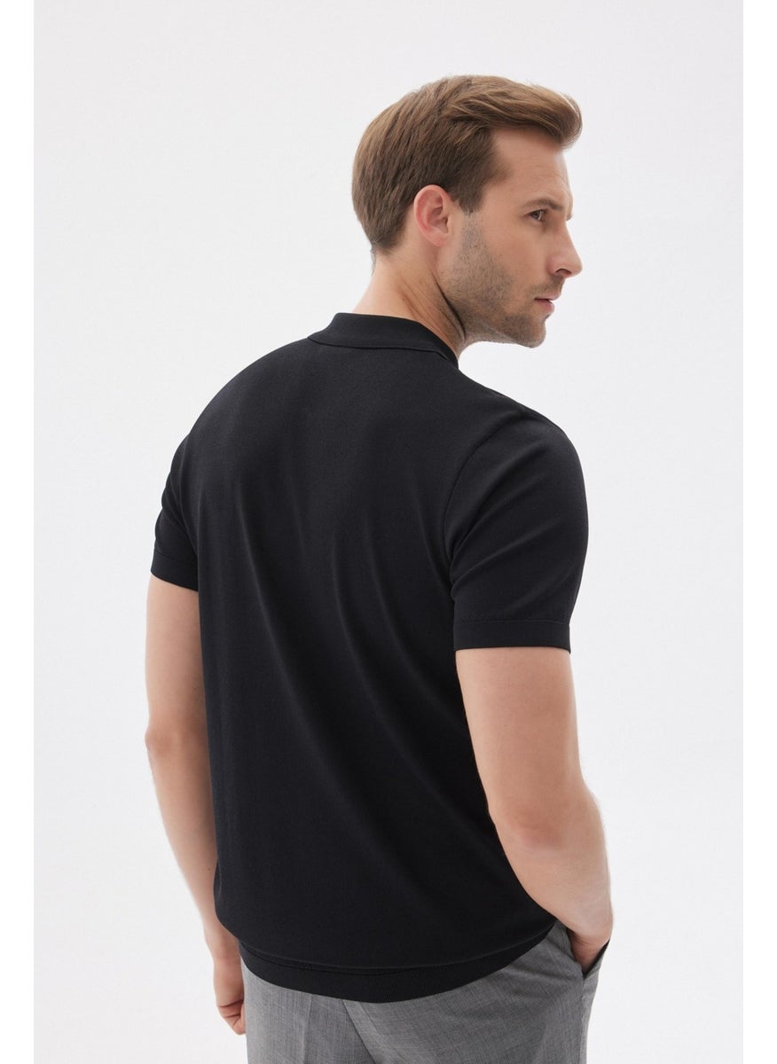 Odelon - Limited Men's Plain Zippered Polo Neck Rayon Knitwear T-Shirt Black - Image 1