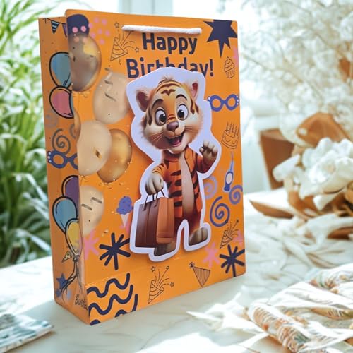 TASCHE 3D Gift Bags for Return Gifts | Pop-Out Paper Bags for Kids Birthday, Baby Shower, Party Favors | 11x8x3 Inches (TIGO POP, Pack Of 8) - Image 1