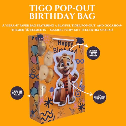 TASCHE 3D Gift Bags for Return Gifts | Pop-Out Paper Bags for Kids Birthday, Baby Shower, Party Favors | 11x8x3 Inches (TIGO POP, Pack Of 8) - Image 5