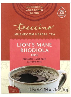 teeccino Mushroom Herbal Tea Lion's Mane Rhodiola Rose Caffeine Free 10 Tea Bags 2.12 oz (60 g) 