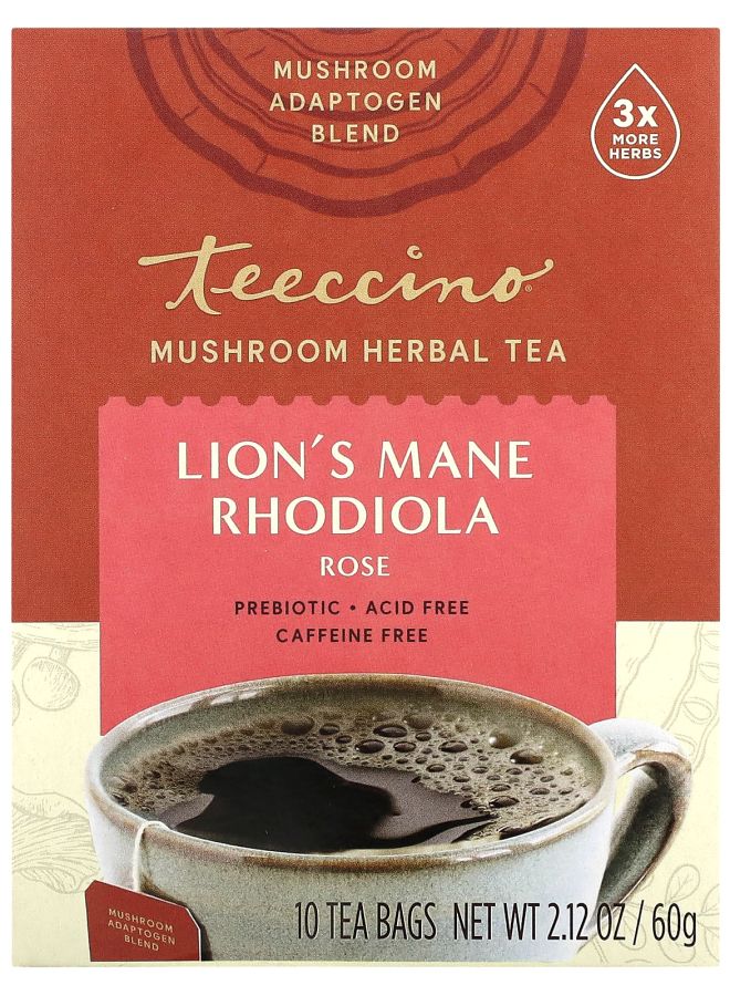 teeccino Mushroom Herbal Tea Lion's Mane Rhodiola Rose Caffeine Free 10 Tea Bags 2.12 oz (60 g) 