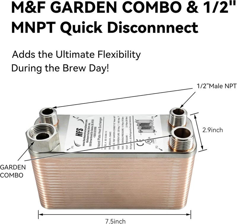 HFS (R) 40-Plate Stainless Steel 304 Homebrew Beer Wort Chiller Heat Exchanger, 7.5" x 2.9", M&F GARDEN COMBO x 1/2" MALE NPT, Quick Beer Cooling System (7.5'' 2.9''/40 plate, MF Combo x 1/2" NPT) - Image 2