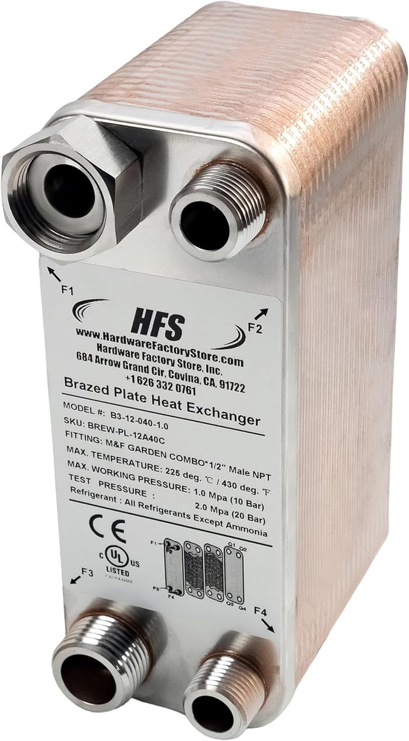 HFS (R) 40-Plate Stainless Steel 304 Homebrew Beer Wort Chiller Heat Exchanger, 7.5" x 2.9", M&F GARDEN COMBO x 1/2" MALE NPT, Quick Beer Cooling System (7.5'' 2.9''/40 plate, MF Combo x 1/2" NPT) - Image 5