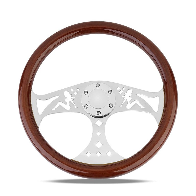 YEHICY 15 Car Wood Grain Steering Wheel Girl Pattern Classic Nostalgia Style Racing Wood Steering Wheel with Horn Button