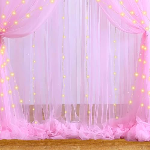 1iAM 2pcs Pink Backdrop Decoration Net Curtains – Large 8.5x5ft Each, Soft Wrinkle-Free Nylon with Ribbon Edges, Reusable Drapes for Birthday, Anniversary, Party & Event Décor - Image 1