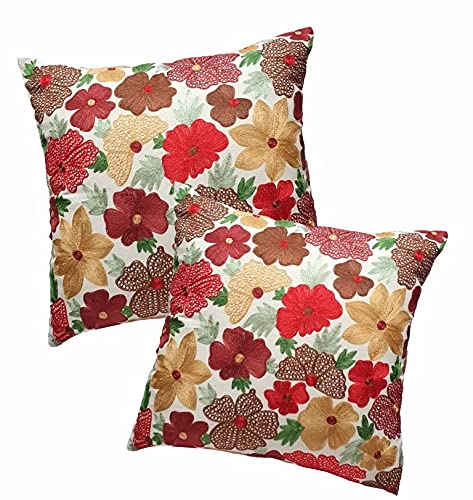 House Of Silko Cushion Cover with Heavy Floral Embroidery on White Cotton for Home Decoration Set of 2 Square 18x18Covers - Image 3