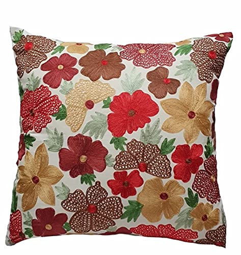 House Of Silko Cushion Cover with Heavy Floral Embroidery on White Cotton for Home Decoration Set of 2 Square 18x18Covers - Image 1