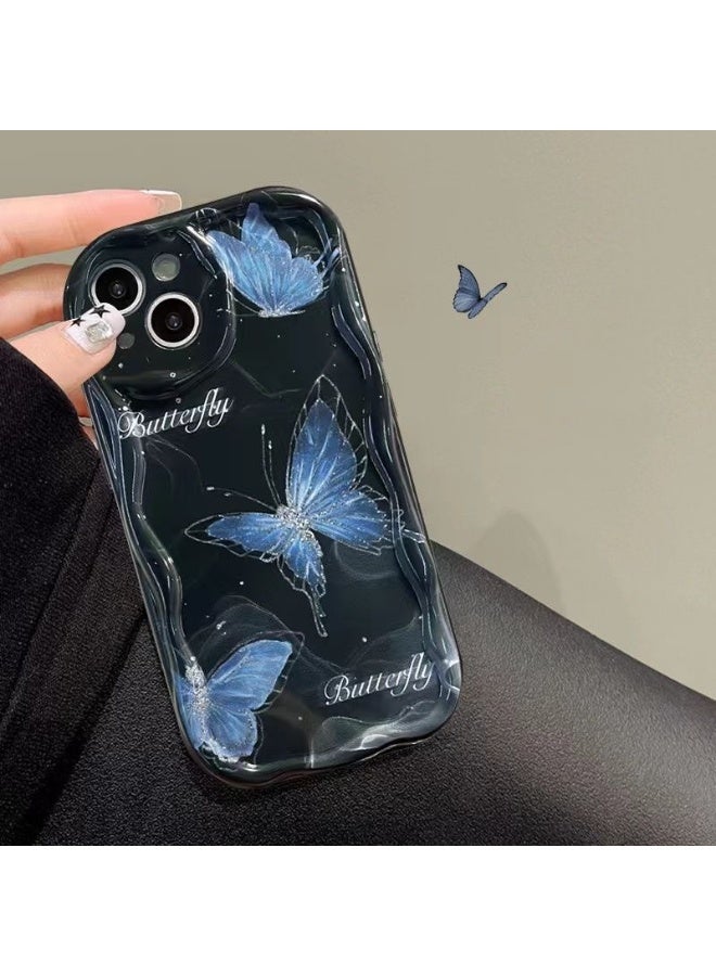 NIBEMINENT Blue Butterfly Protective TPU Case Cover For iPhone 14, Black - Image 1