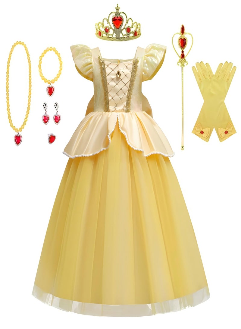 Halloween Children's Day Belle Princess Dress Girls Cos Beauty and the Beast Bell Gown Puff Sleeve Skirt Accessories Seven Pieces - Image 1