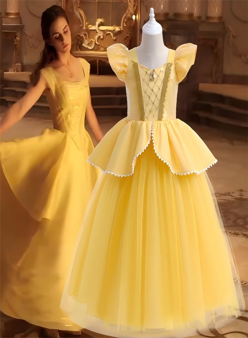 Halloween Children's Day Belle Princess Dress Girls Cos Beauty and the Beast Bell Gown Puff Sleeve Skirt Accessories Seven Pieces - Image 2