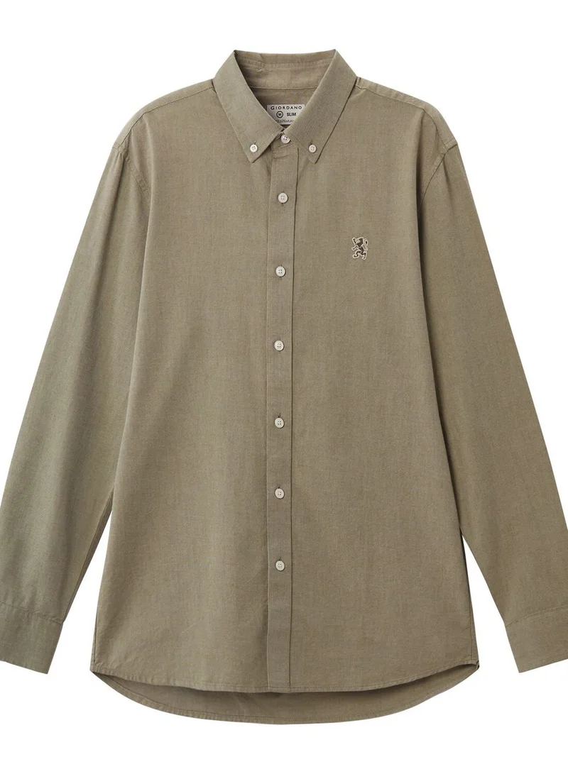 جيوردانو قميص رجالي قطن أكسفورد بتطريز أسد صغير، قصة ضيقة، بأزرار كاملة