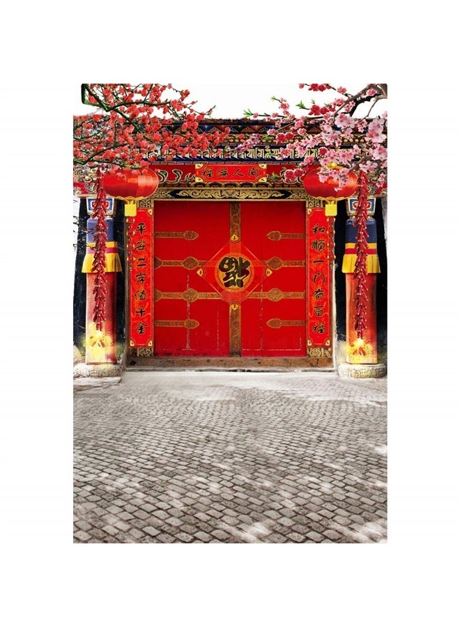 Laeacco Chinese Style Backdrop 8x10ft Vinyl Photography Background Red Gate Ancient Building Classical Architecture New Year Red Lantern Pink Pulm Blossoms Trees - Image 1