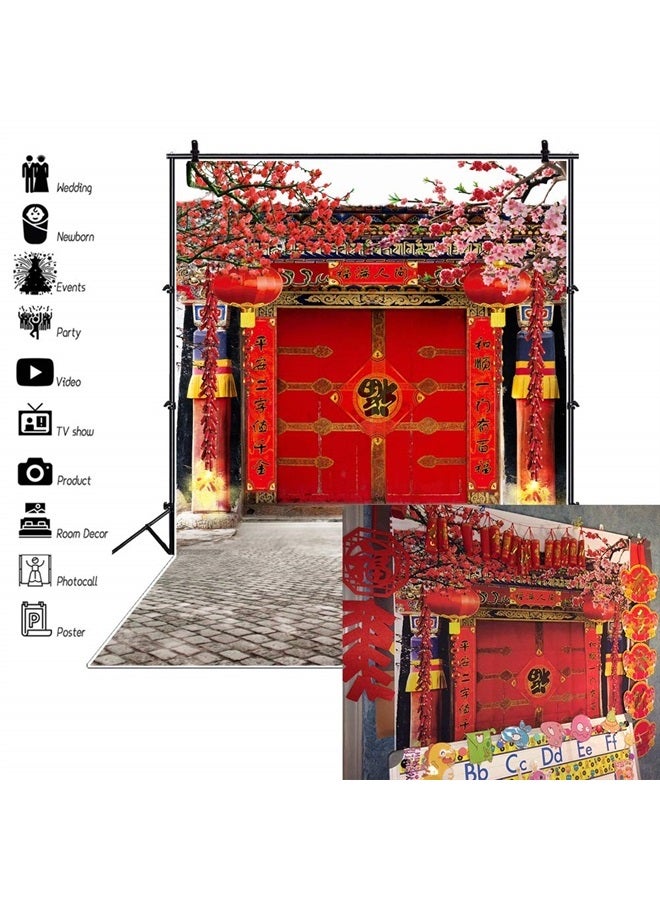 Laeacco Chinese Style Backdrop 8x10ft Vinyl Photography Background Red Gate Ancient Building Classical Architecture New Year Red Lantern Pink Pulm Blossoms Trees - Image 2