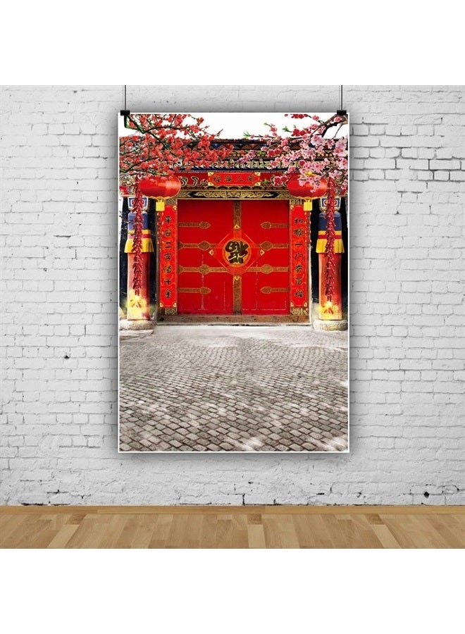 Laeacco Chinese Style Backdrop 8x10ft Vinyl Photography Background Red Gate Ancient Building Classical Architecture New Year Red Lantern Pink Pulm Blossoms Trees - Image 3
