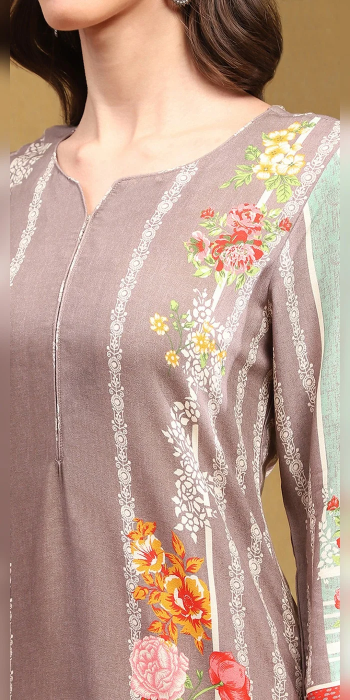 Biba Women Grey Floral Block-Printed Regular Fit Straight Kurta