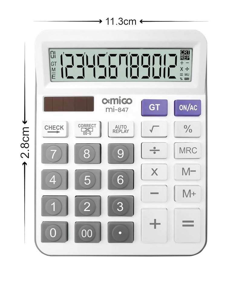 Amigo MI-847 Desktop Basic Calculator,12-Digit LCD Display,Solar & Battery Powered (White) - Image 2