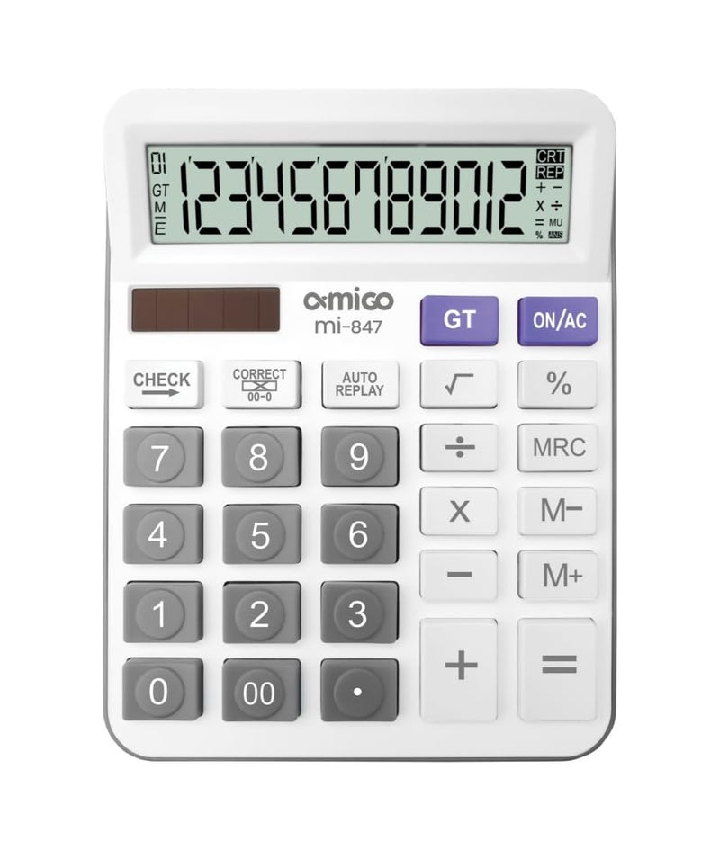 Amigo MI-847 Desktop Basic Calculator,12-Digit LCD Display,Solar & Battery Powered (White) - Image 1