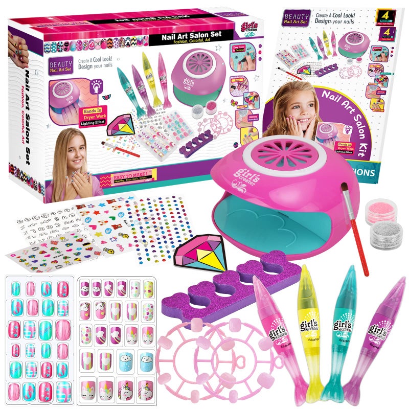 Amagoing Nail Art Kit for Girls, Kids Nail Polish Play Set with Nail Dryer, 2 in 1 Nail Pens,Sticky Cartoon Fake Nail, DIY Sticker, Nail Studio Decoration Birthday Christmas Gift for Kids Age 6-12 - Image 1