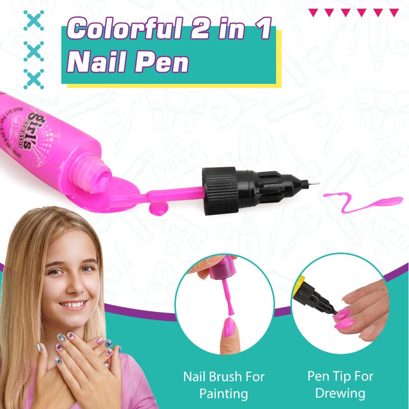 Amagoing Nail Art Kit for Girls, Kids Nail Polish Play Set with Nail Dryer, 2 in 1 Nail Pens,Sticky Cartoon Fake Nail, DIY Sticker, Nail Studio Decoration Birthday Christmas Gift for Kids Age 6-12 - Image 3