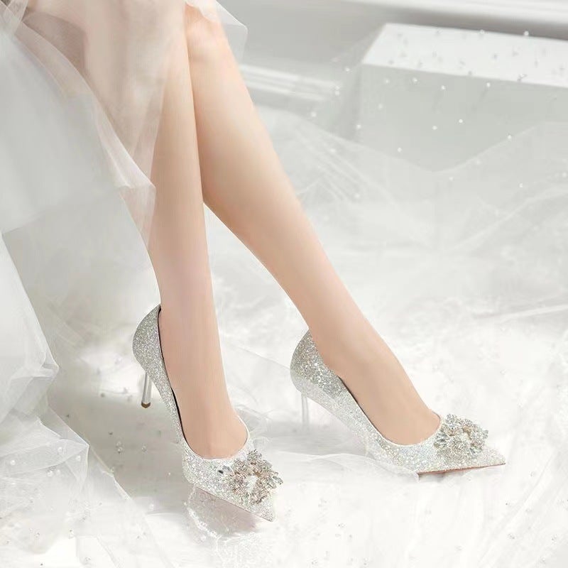 Wedding Shoes 2023 New Wedding Shoes Daily Wearable Crystal High Heels Wedding Shoes Xiuhe Wedding Dress Two-Wear French Style - Image 2