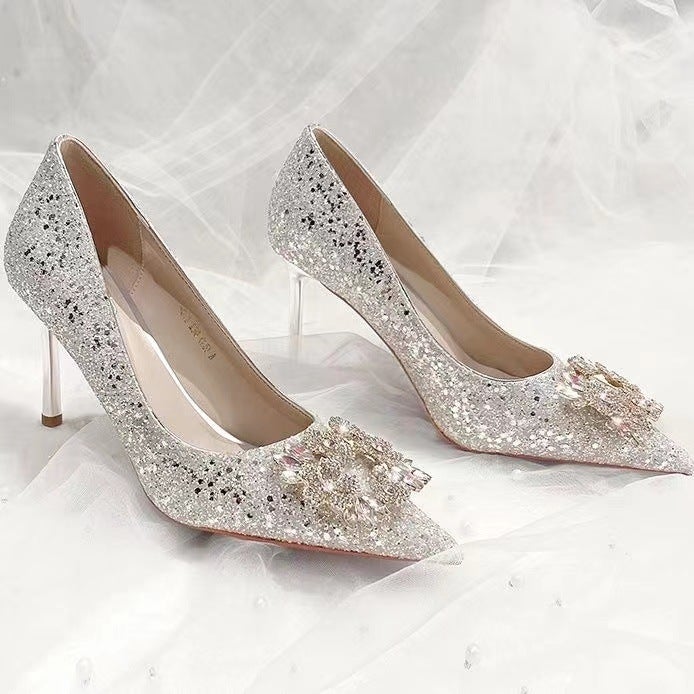 Wedding Shoes 2023 New Wedding Shoes Daily Wearable Crystal High Heels Wedding Shoes Xiuhe Wedding Dress Two-Wear French Style - Image 1