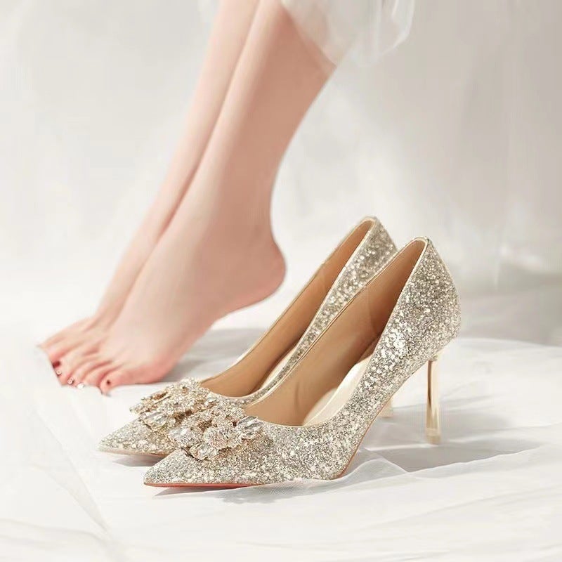 Wedding Shoes 2023 New Wedding Shoes Daily Wearable Crystal High Heels Wedding Shoes Xiuhe Wedding Dress Two-Wear French Style - Image 3