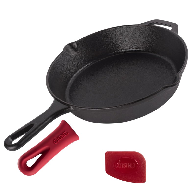Cast Iron Skillet  10Inch Frying Pan with Pour Spouts  Pan Scraper  Silicone Grip Handle Cover Holder  PreSeasoned Oven Cookware  IndoorOutdoor Use  BBQ Firepit Stovetop Induction Use