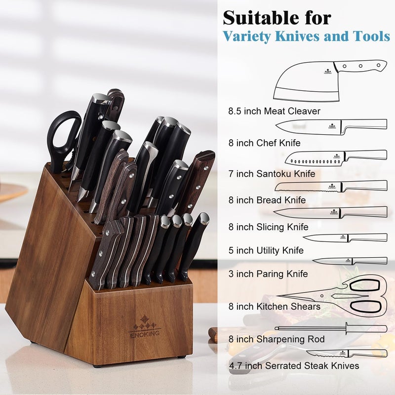 ENOKING Knife Block without Knives, Large Knife Holder- 25 Slots Acacia Wood Universal Knife Block, Butcher Block Countertop for Knife Storage Organizer - Image 3