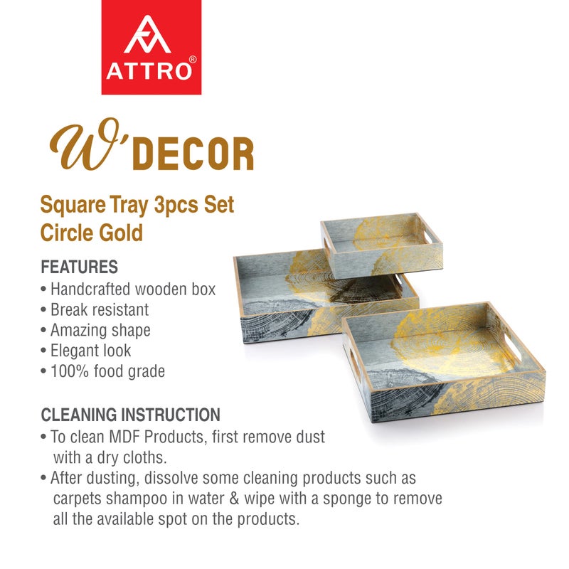 Attro Circle Gold Designer Wooden Serving Trays Square 1 Big Tray , 1 Medium Tray, 1 Small Tray for Home Décor, Kitchen Use, Dinning Tray - Set of 3, Multicolour, Standard - Image 3
