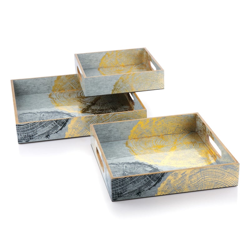Attro Circle Gold Designer Wooden Serving Trays Square 1 Big Tray , 1 Medium Tray, 1 Small Tray for Home Décor, Kitchen Use, Dinning Tray - Set of 3, Multicolour, Standard - Image 1