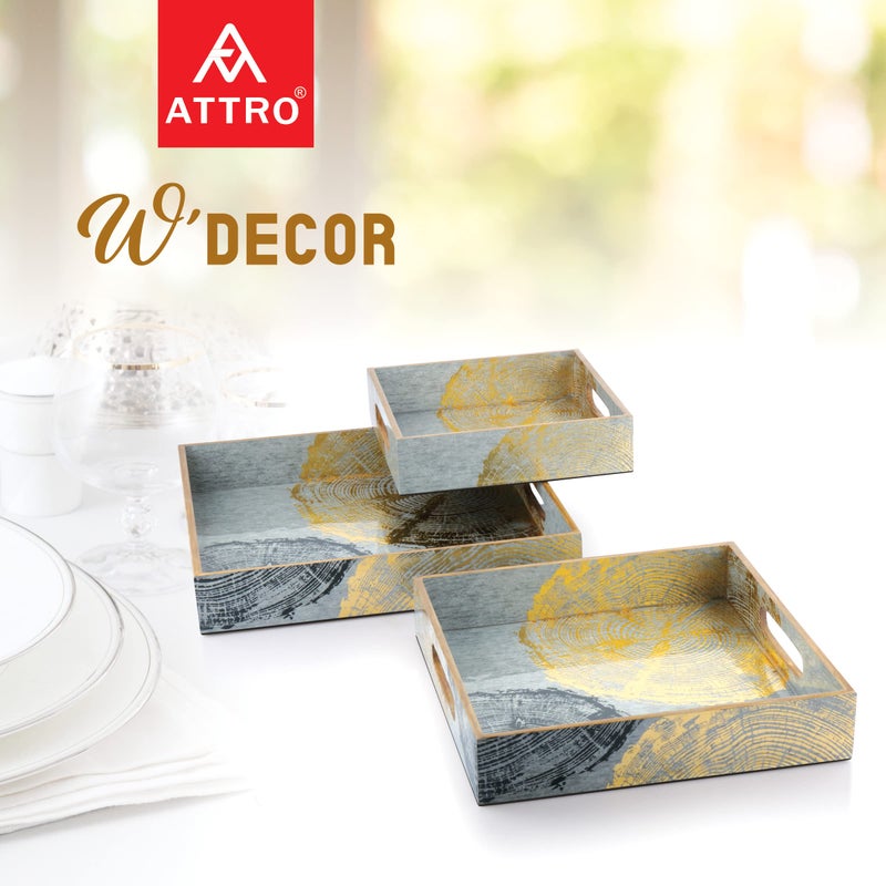 Attro Circle Gold Designer Wooden Serving Trays Square 1 Big Tray , 1 Medium Tray, 1 Small Tray for Home Décor, Kitchen Use, Dinning Tray - Set of 3, Multicolour, Standard - Image 5