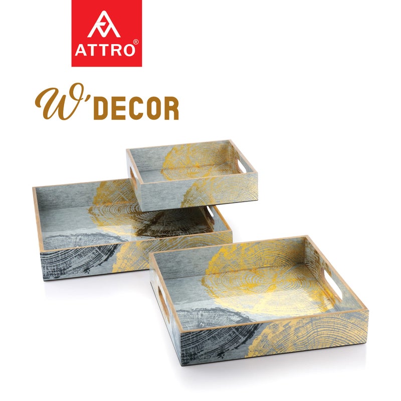 Attro Circle Gold Designer Wooden Serving Trays Square 1 Big Tray , 1 Medium Tray, 1 Small Tray for Home Décor, Kitchen Use, Dinning Tray - Set of 3, Multicolour, Standard - Image 2