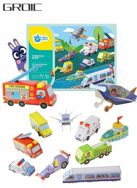 3D Origami Kit, Large Size Three-Dimensional Transportation Theme Origami, Handmade Paper and Origami Paper Patterned 10 Pack, 3D Paper Puzzle for Kids DIY Arts and Crafts