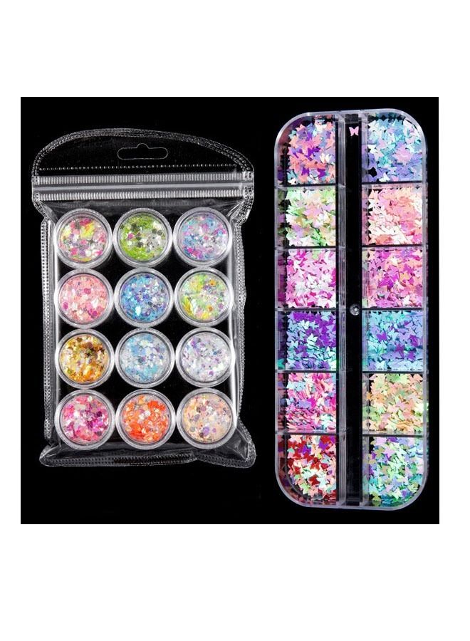 ZCM-HAPPY 12 Colors Nail Art Butterfly Glitter Sequins and 12 Colors Mixed Glitter Sequins DIY Nail Art Set - Image 1