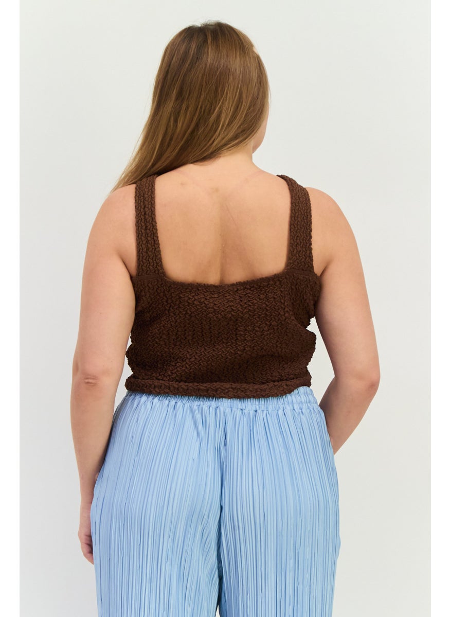 MANGO Women Keyhole Neck Sleeveless Textured Top, Dark Brown  - Image 2
