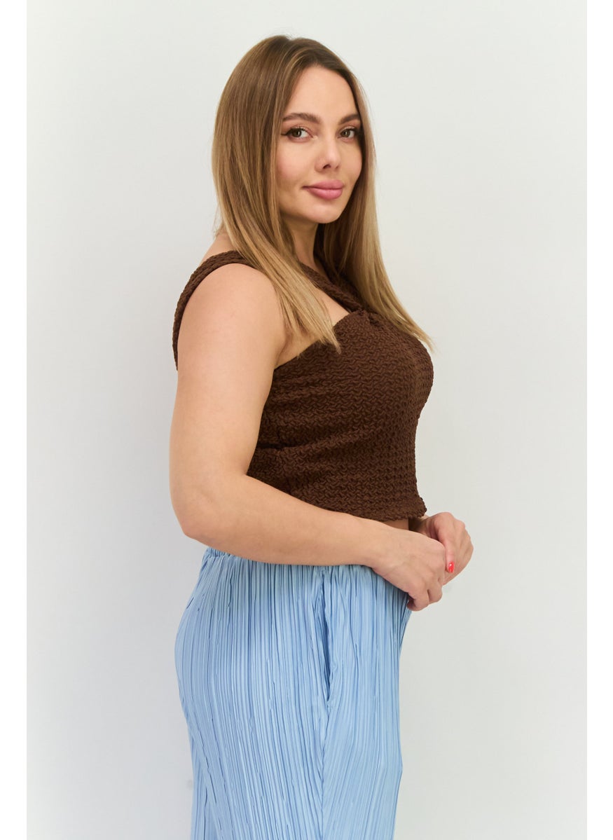 MANGO Women Keyhole Neck Sleeveless Textured Top, Dark Brown  - Image 3