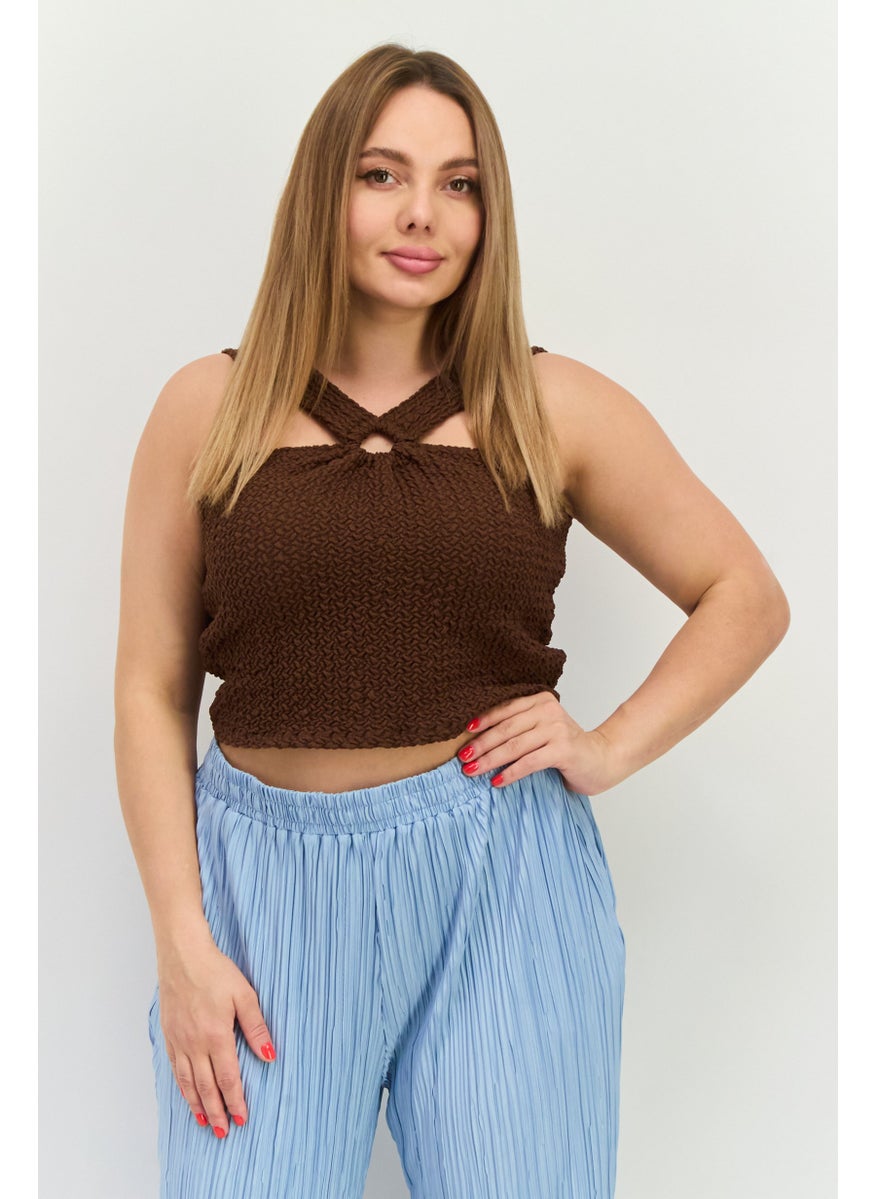 MANGO Women Keyhole Neck Sleeveless Textured Top, Dark Brown  - Image 1