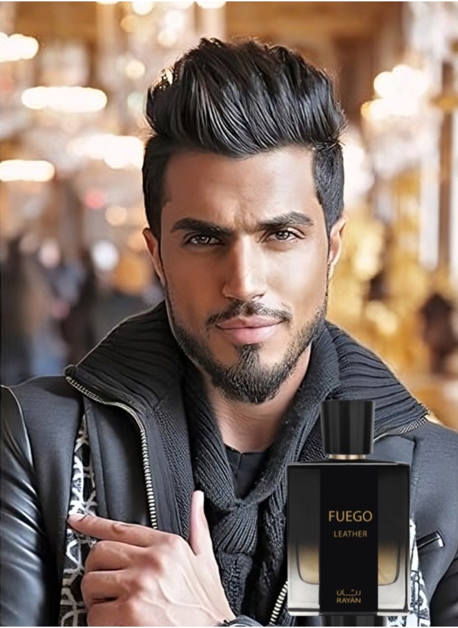 ريان - عطر ريان فويغو ليذر العربي للرجال - 100 مل ماء عطر للرجال، عطر طويل الأمد - الجلود، البرغموت، اللافندر، الموغيت، المسك الأبيض، نجيل الهند، خشب الصندل، التونكا، والعنبر، مثالي للهدايا - Image 1