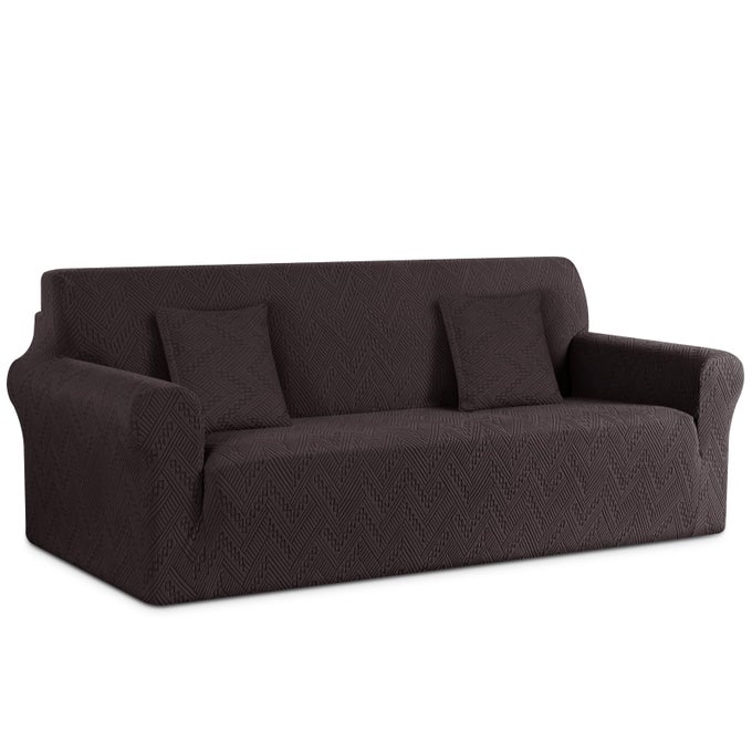 STRETCH SOFA COVER 1 PIECE COUCH COVERS FOR 3 CUSHION COUCH NON SLIP UNIVERSAL SOFA SLIPCOVER WASHABLE SOFT JACQUARD FURNITURE PROTECTOR WITH 2 PCS THROW PILLOW COVERS 3 SEATER CHOCOLATE