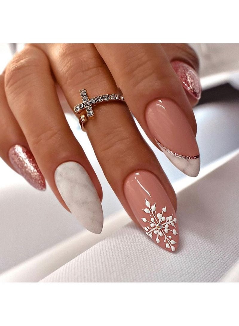 SCHAVO 24Pcs Snow Marble Pattern Almond Nails Fake Nails - Image 1