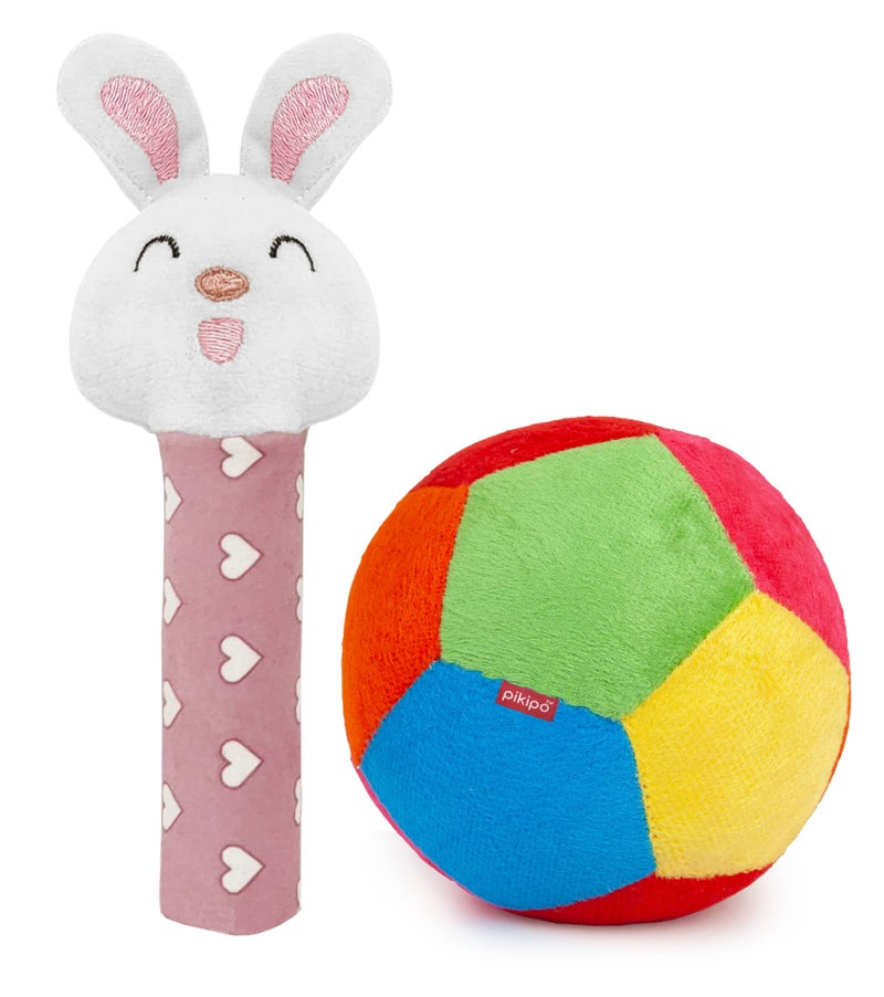 Pikipo Soft Ball (Small, 11Cm) and Bunny Face Soft Rattle Combo - Polyester, Softball, Pink - Image 1