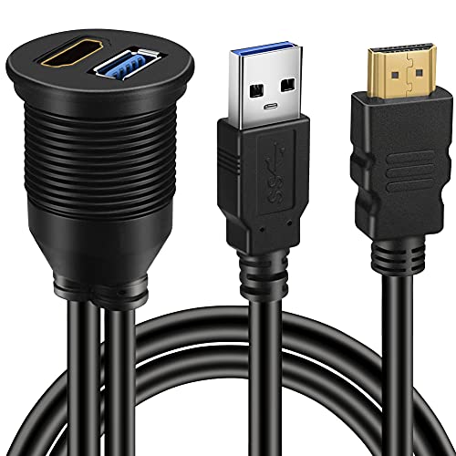 BATIGE USB 3.0 & HDMI to HDMI + USB3.0 AUX Extension Dash Panel Waterproof Car Flush Mount Cable for Car Boat and Motorcycle - 6ft - Image 1