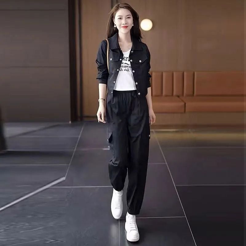 2026 Spring and Autumn New Fashion Sportswear Set for Women: Short Jacket and Versatile Jogger Cargo Pants Slimming Two-Piece Set - Image 1
